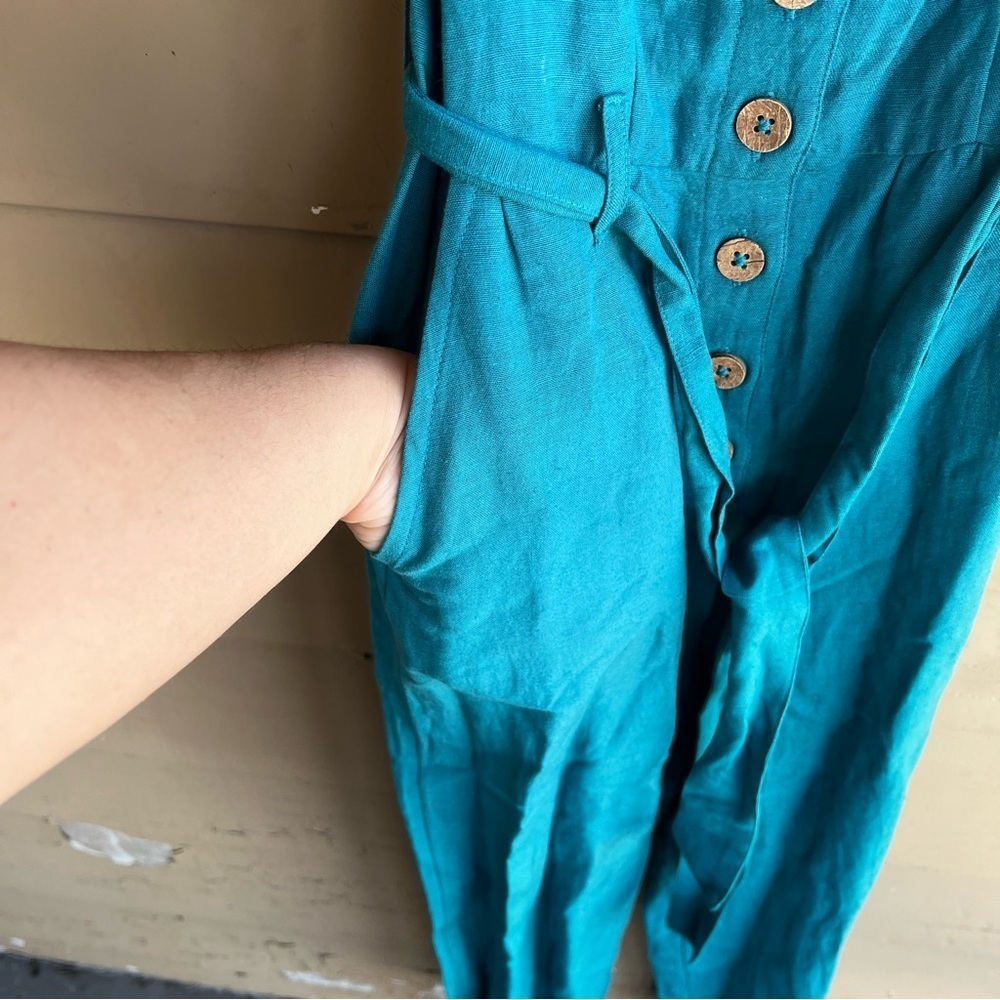 ROXY Mind Trip Jumpsuit Sz S Biscay Bay Teal Waist Tie Smocked Back Linen Blend - Picture 10 of 10